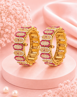 Traditional Gold Plated Artificial Bangle Set | Ruby & Emerald Stone Ethnic Kada with Pearl Border | Pack of 2