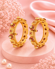 Traditional Gold Plated Ruby & White Stone Pave Openable Kadas | Scalloped Designer Artificial Kangan for Women | Pack of 2