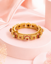 Traditional Gold Plated Ruby & White Stone Pave Openable Kadas | Scalloped Designer Artificial Kangan for Women | Pack of 2