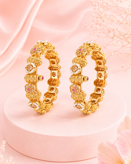 Traditional Gold Plated Pearl & Ruby Studded Openable Kadas | Ethnic Moti Work Artificial Jewelry Bangles for Women | Pack of 2