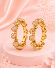 Traditional Gold Plated Artificial Bangle Set for Women | Ruby Red Stone Floral Ethnic Kada with Pearl Border | Pack of 2