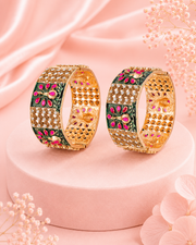 Fancy Gold Plated Vine & Pearl Kada | Stylish Red Green Stone Bangles (Set of 2)