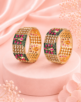 Fancy Gold Plated Vine & Pearl Kada | Stylish Red Green Stone Bangles (Set of 2)
