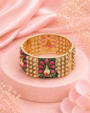 Fancy Gold Plated Vine & Pearl Kada | Stylish Red Green Stone Bangles (Set of 2)