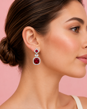 Fancy Ruby Red Stone Stylish Danglers | Partywear Silver-Plated Earrings for Girls & Women