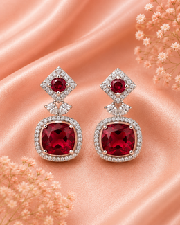 Fancy Ruby Red Stone Stylish Danglers | Partywear Silver-Plated Earrings for Girls & Women