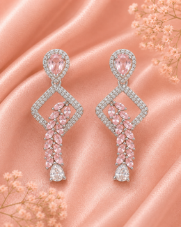 Fancy Rose Pink AD Stone Stylish Partywear Earrings / Trendy Silver Polish Danglers