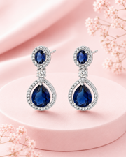 Stylish Royal Blue Pear-Cut Partywear Earrings | Fancy Silver Plated Teardrop Hanging Earrings for Women