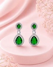 Fancy Emerald Green Partywear Earrings | Stylish Silver Plated Drops