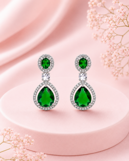 Fancy Emerald Green Partywear Earrings | Stylish Silver Plated Drops
