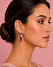Stylish Red Stone & American Diamond Silver-Plated Drop Earrings