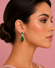 Stylish Emerald Green Partywear Earrings | Fancy Silver-Plated CZ Drop Earrings