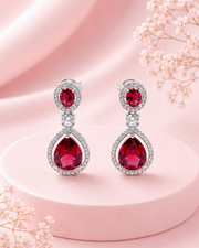 Stylish Red Stone & American Diamond Silver-Plated Drop Earrings