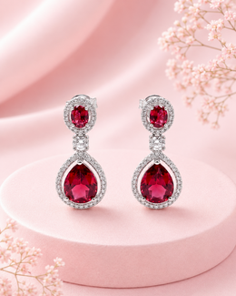 Stylish Red Stone & American Diamond Silver-Plated Drop Earrings