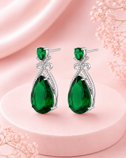 Stylish Emerald Green Partywear Earrings | Fancy Silver-Plated CZ Drop Earrings