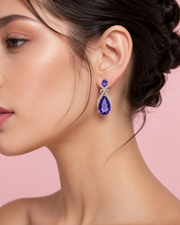 Fancy Royal Blue Crystal Earrings | Stylish Partywear Blue Drop Earrings | Designer Silver Plated Jewelry