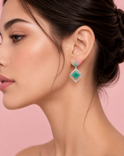 Fancy Emerald Green Geometric Earrings | Stylish Partywear Rhodium Danglers