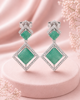 Fancy Emerald Green Geometric Earrings | Stylish Partywear Rhodium Danglers