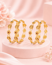 Fancy Geometric Gold-Plated Bangle Set | Stylish Red-White Stone Kangan (Set of 2)