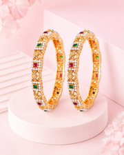 Fancy Partywear Gold Plated Pearl Kada Set | Stylish Red Green Stone Bangles (Set of 2)
