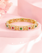 Fancy Partywear Gold Plated Pearl Kada Set | Stylish Red Green Stone Bangles (Set of 2)