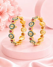Traditional Gold Plated Artificial Bangle Set for Women | Ruby Red Stone Floral Ethnic Kada with Pearl Border | Pack of 2