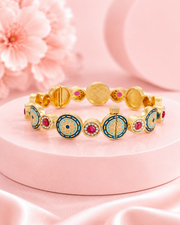 Traditional Gold Plated Artificial Bangle Set for Women | Ruby Red Stone Floral Ethnic Kada with Pearl Border | Pack of 2