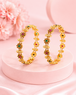 Fancy Red-White Stone Gold-Plated Bangle Set | Stylish Traditional Partywear Kangan (Set of 2)