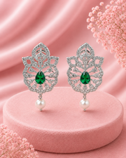 Fancy Emerald Green & AD Stone Stylish Stud Earrings with Pearl Drops (Partywear)