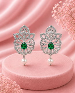 Fancy Emerald Green & AD Stone Stylish Stud Earrings with Pearl Drops (Partywear)