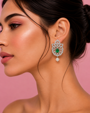 Fancy Emerald Green & AD Stone Stylish Stud Earrings with Pearl Drops (Partywear)
