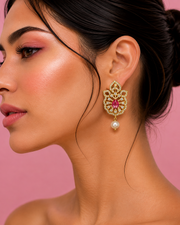 Fancy Ruby Pink Stone Earrings with Pearl Drop | Stylish Partywear Studs