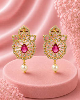 Fancy Ruby Pink Stone Earrings with Pearl Drop | Stylish Partywear Studs