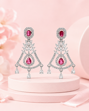 Fancy Stylish Ruby Red American Diamond Long Earrings | Partywear Heavy Earrings for Women