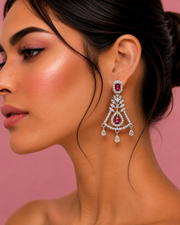 Fancy Stylish Ruby Red American Diamond Long Earrings | Partywear Heavy Earrings for Women