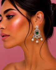 Fancy Emerald Green Partywear Earrings / Stylish American Diamond Pearl Jhumka