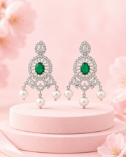 Fancy Emerald Green Partywear Earrings / Stylish American Diamond Pearl Jhumka