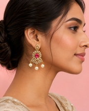 Fancy Ruby Red Stone Pearl Earrings | Stylish Partywear Chandbali | Trending Ethnic Earrings