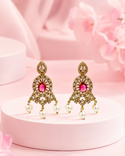 Fancy Ruby Red Stone Pearl Earrings | Stylish Partywear Chandbali | Trending Ethnic Earrings