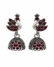 Stylish Peacock Jhumki | Fancy Red Stone Oxidised Earrings | Partywear Jhumka
