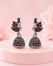 Stylish Peacock Jhumki | Fancy Red Stone Oxidised Earrings | Partywear Jhumka
