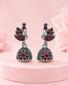 Stylish Peacock Jhumki | Fancy Red Stone Oxidised Earrings | Partywear Jhumka