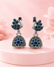 Fancy Peacock Jhumka - Stylish Blue Stone Oxidized Earrings (Partywear)