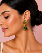 Stylish Peacock Green Stone Fancy Jhumki Earrings - Viral Partywear Jewellery