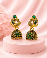 Stylish Peacock Green Stone Fancy Jhumki Earrings - Viral Partywear Jewellery