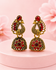 Fancy Peacock Ruby Red Jhumka | Stylish Partywear Earrings for Women