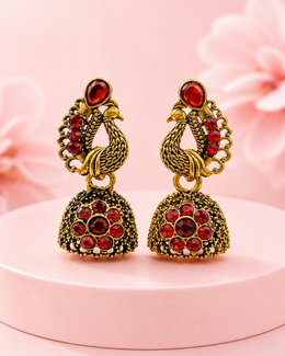 Fancy Peacock Ruby Red Jhumka | Stylish Partywear Earrings for Women