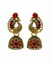 Fancy Peacock Ruby Red Jhumka | Stylish Partywear Earrings for Women