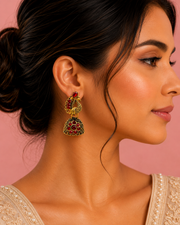 Fancy Peacock Ruby Red Jhumka | Stylish Partywear Earrings for Women