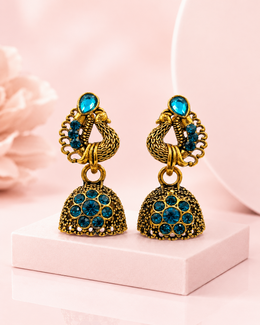 Fancy Peacock Jhumka / Stylish Blue Stone Earrings / Partywear Jhumki